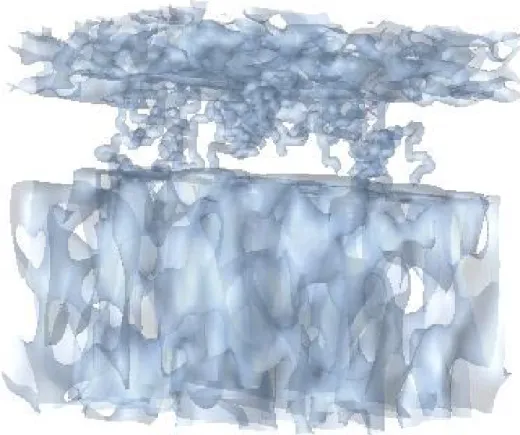 Fig. 3. Structure of the entire experimental domain (Fig. 1): Iso-surfaces of the mean log-scaling factors in the A 1 and B horizon, together with the modelled structure of macropores in the A 2 horizon.