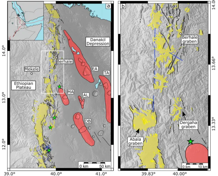 Figure 1.  (a) Tectonic map of North-Western Afar showing the magmatic segments (red polygons) and associated volcanoes (black dashed lines), the marginal  grabens (yellow polygons) along with major faults (black solid lines) and Miocene dikes (blue lines)