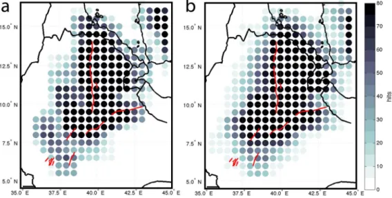 Figure 3. Hit count maps at (a) 30 km and (b) 65 km showing the data coverage for this study
