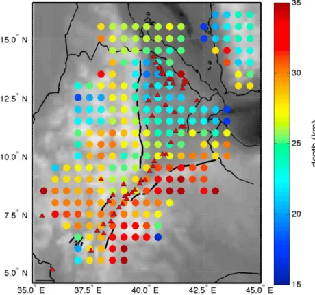 Figure 6. Map of Moho depth from Sp receiver functions results. Bins represent a 50 × 50-km grid