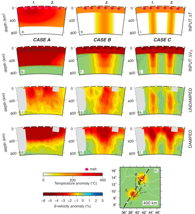 Figure 3. Three synthetic tests to examine the resolving power of our tomographic inversion for three previously proposed mantle upwelling structures: (a – d) case A