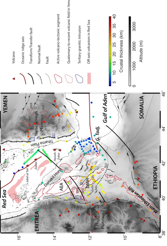 Figure 1. Structure of the Afar and southern Red Sea region. The crustal thicknesses are displayed by colored dots and based on the Moho depths, which are obtained from Egloff et al.