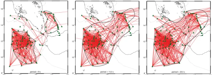 Figure 2. Map of the station pairs used for the tomographic inversion. The red lines show the station-to-station paths