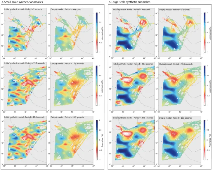 Figure 3. Result of two reconstruction synthetic tests with randomly distributed velocity anomalies of various size as input