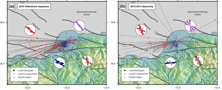 FIGURE 8. Shear wave splitting results of local S phases recorded at station LGNH from the 2010 aftershock sequence (a) and seismicity from 2013 – 2014 (b)