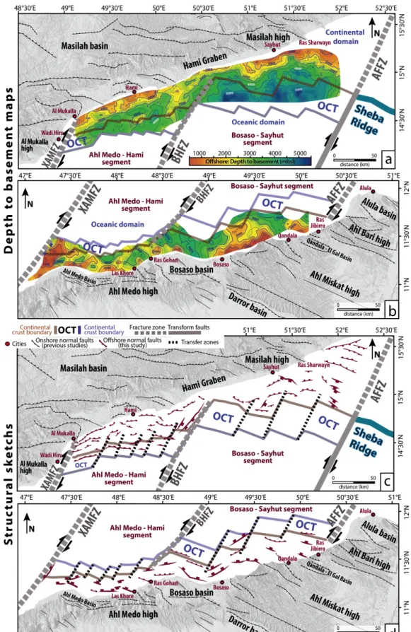 Figure  5 – Upper panels: Depth to seismic basement maps of (a) the Yemeni and (b) Somalian margins established from 