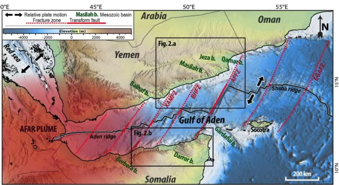 Figure 1- Topographic and bathymetric map of the Gulf of Aden (modified from Nonn et al., 2017) showing the first-order 