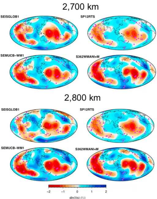 Figure 1. Shear velocity heterogeneities in SEISGLOB1 and other recent tomographic models (SEMUCB-WM1 [French and Romanowicz, 2014], S362WMANI+M [Moulik and Ekström, 2014], SP12RTS [Koelemeijer et al., 2016]) ﬁltered up to the degree 8 at 2700 and 2800 km 