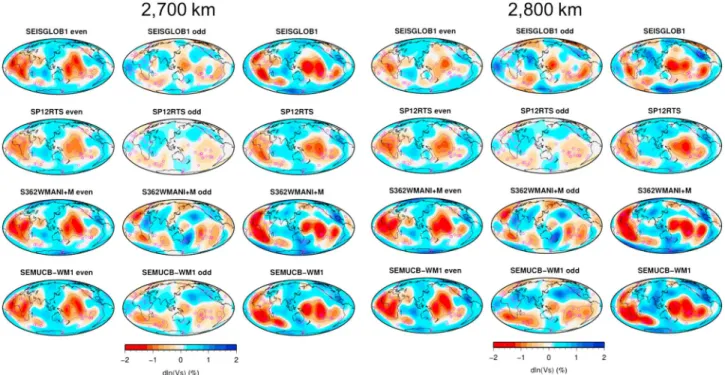 Figure 2. Maps of shear wave heterogeneities displayed at (left) 2700 km and (right) 2800 km for SEISGLOB1 and three other recent tomographic models [Moulik and Ekström, 2014; French and Romanowicz, 2014; Koelemeijer et al., 2016] ﬁltered up to the spheric