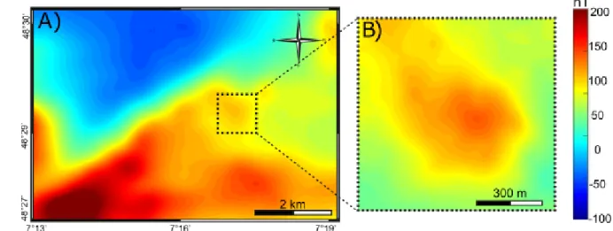Figure 2:   A) Heliborne magnetic anomaly map at 300 m above ground level. The dashed  black square indicates the survey site