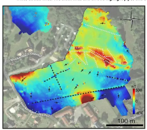Figure 8:   Magnetic anomaly map after reduction to the pole of the ground survey in the  south superimposed on a satellite image