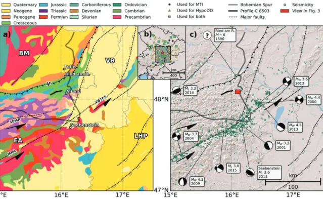 Figure 1: Map of the study region. a) Surface geology, extracted from the International Geological Map of Europe (IGME5000; Aschk, 2005)