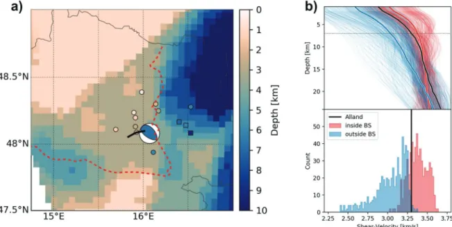 Figure 8: Regional context of the Alland earthquake. a) Alland earthquake near the edge of the Bohemian Spur (BS)