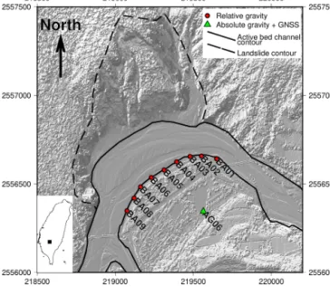 Figure 1. Shaded relief map of the study area. Absolute gravity measurements are performed only at AG06 while relative gravity measurements are performed at every site