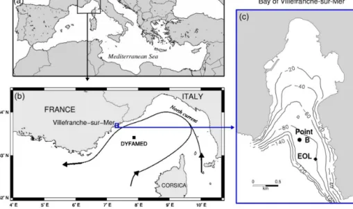 Figure 1. Map of study region in the NW Mediterranean Sea (a), along the north current (b) in the Bay of Villefranche-sur-Mer, France (c).