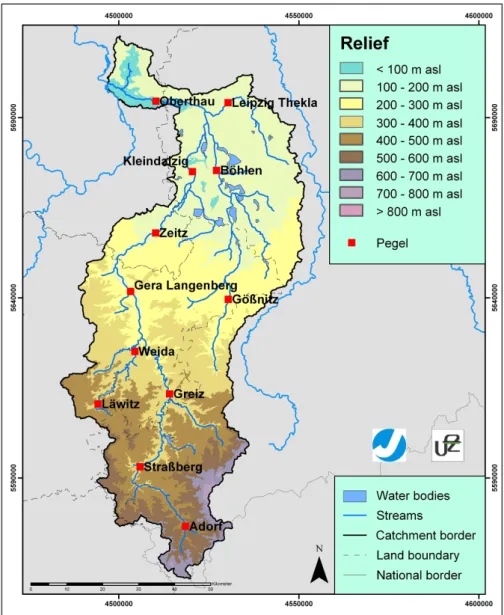 Fig. 1. Relief of the catchment of the Weiße Elster and gauging stations.