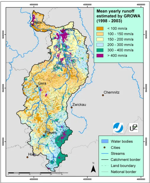 Fig. 2. Mean annual runoff in the catchment of the Weiße Elster estimated by GROWA.