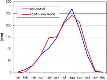 Fig. 7. Comparison of the measured rainfall of the rain gauge Partago and the rainfall for the corresponding pixel of the REMO simulation (1979–2003).