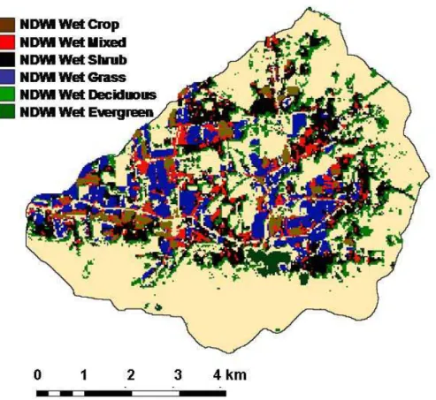 Fig. 4. Normalized Di ff erence in Water Index (NDWI) predicted saturated (wet) areas for each of the landcover types (Crop, Mixed Forests, Shrub, Grass/Pasture, and Deciduous Forests).