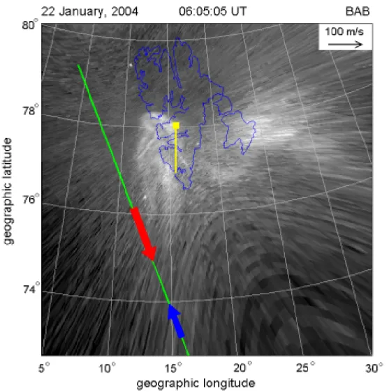 Fig. 9. Location of the EISCAT UHF beam (green line) and EISCAT Svalbard field aligned beam (yellow line) with respect to the auroral torch