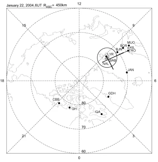 Fig. 1. Location of observational points. Black circles indicate magnetic observatories, open squares show the location of optical instruments, large circle is the BAB TV camera field of view, the EISCAT Svalbard and the EISCAT UHF beams are shown with bol