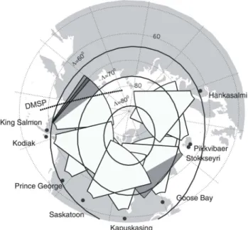 Figure 1.  Fields of view (FoV) of the northern hemisphere SuperDARN radars (between 400  and 2800 km), the part of the King  Salmon (KS) radar observational area (light shading, beams  0-5) from where the measurements were statistically analyzed in this s
