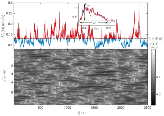 Figure 2. The bottom panel displays a typical spatio-temporal local velocity field v(x, t) of the interfacial fracture during a slow creep experiment, which reflects the intermittent dynamics over a broad range of scales