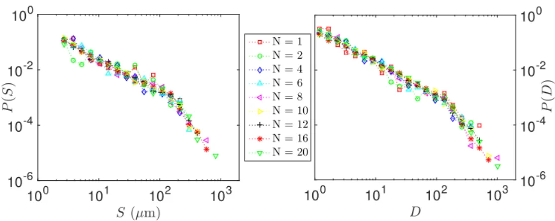 Figure 3. Probability distributions functions of the size S and normalized duration D of global avalanches computed from crackling noise signals measured at various length scales l = L/N , with N = [1,2,4,6,8,10, 12, 16,20] , from a single fracture experim