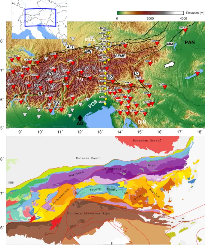 Figure 1. Study region in the Eastern and Southern Alps. Top: permanent stations are marked in red and grey, and the 19 EASI stations used are shown in yellow