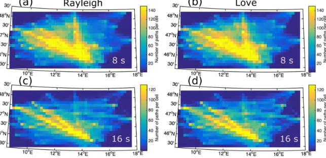 Figure 6. Path density map for the tomography inversion: (a, c) for Rayleigh waves at 8 and 16 s, respectively and (b, c) for Love waves at 8 and 16 s