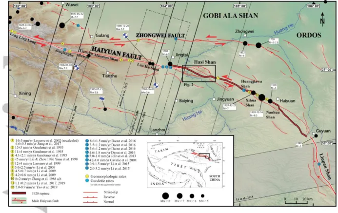 Figure 1: Active faults along Haiyuan fault system. Topography ASTER GDEM (30m  resolution;  https://lpdaac.usgs.gov/)