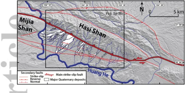Figure 2: Tectonic setting of Hasi Shan, based on ASTER GDEM. Dissected fan surfaces of  southwest Hasi Shan bajada shown in white