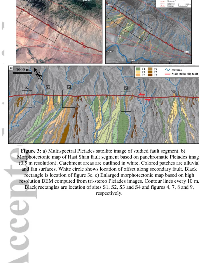 Figure 3: a) Multispectral Pleiades satellite image of studied fault segment. b) 