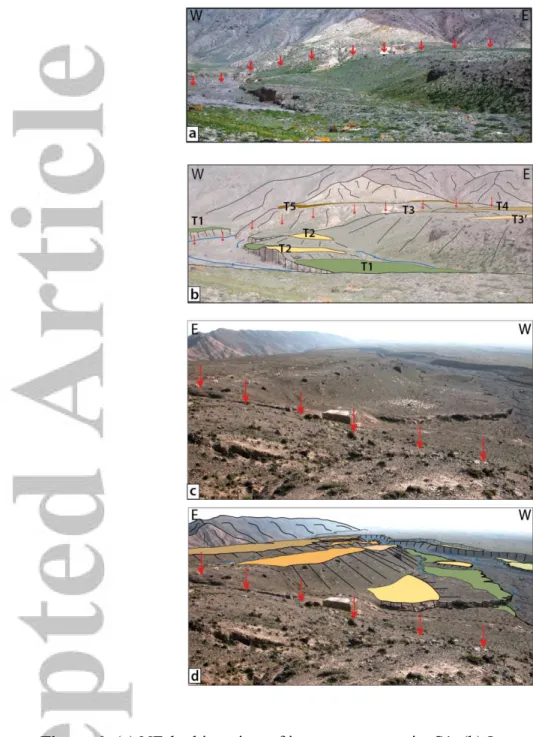 Figure 6: (a) NE-looking view of inset terraces at site S1. (b) Interpretation of picture in  Figure 6a