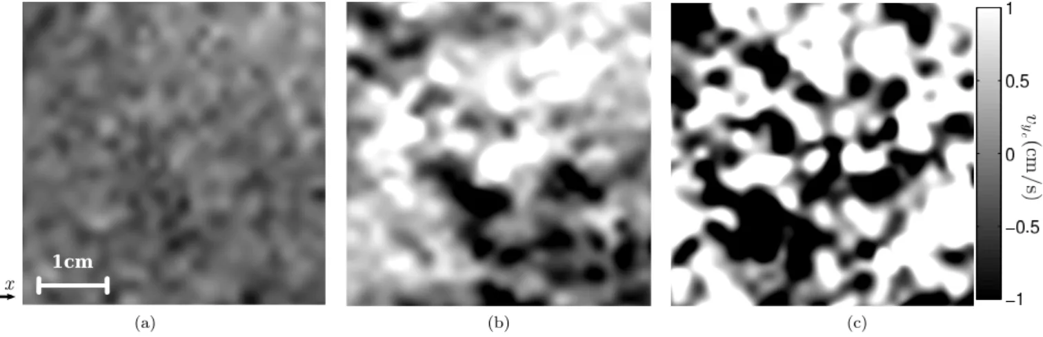 FIG. 4: Corresponding to Fig. 3 in all other specifications. Snapshots of the vertical velocity v y c -component in experiment set A