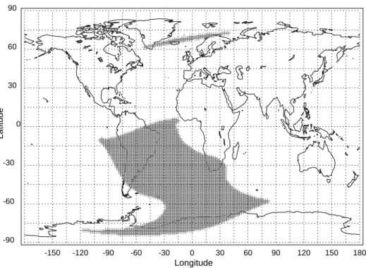 Fig. A1 The shaded areas indicate the stable trapped regions at 500 km for L shells less than 8.