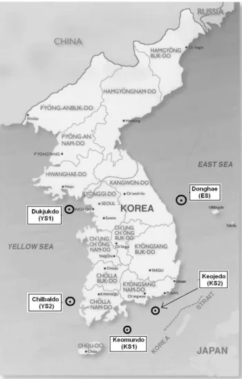 Fig. 1. Location of five KMA Buoys: (1) Dukjukdo – YS1 and (2) Chilbaldo – YS2 (both in Yellow Sea); (3) Keomundo – KS1 and (4) Keojedo – KS2 (both in Korean Strait; (5) Donghae – ES (East Sea).