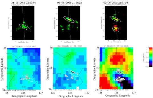 Fig. 6. Images of QP echoes mapped to 300 km altitude along the geomagnetic field lines observed at 22:13:01 JST on 31 May 2005, 21:16:32 JST on 1 June 2005, and 21:31:55 JST on 2 June 2005 (triangles ( △ ) in Figs
