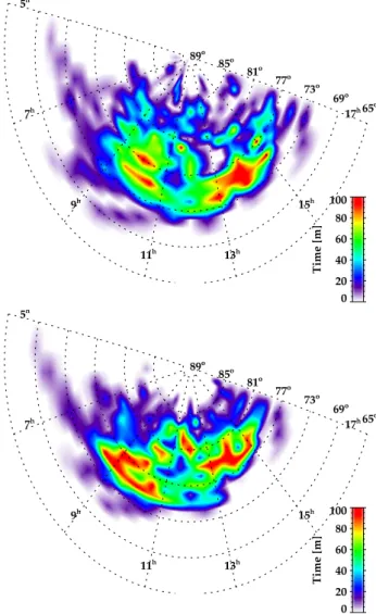 Fig. 2. The number of minutes of cusp-like plasma observations in 0.5 h×1 ◦ (MLT×MLAT) bins plotted in original (top) and corrected (bottom) coordinates.