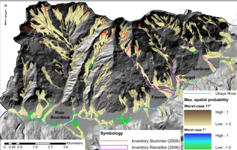 Fig. 6. Worst-case debris-flow scenarios showing the south-facing slope of the Barcelonnette Basin, with angles of reach of 7 ◦ and 11 ◦ (the 7 ◦ scenario is underlying the 11 ◦ scenario and identical with it for the area where it is invisible) in comparis