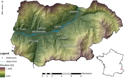 Fig. 1. Hillshade of the Barcelonnette Basin (Southern French Alps) with the location of the most important human settlements and the Ubaye River.