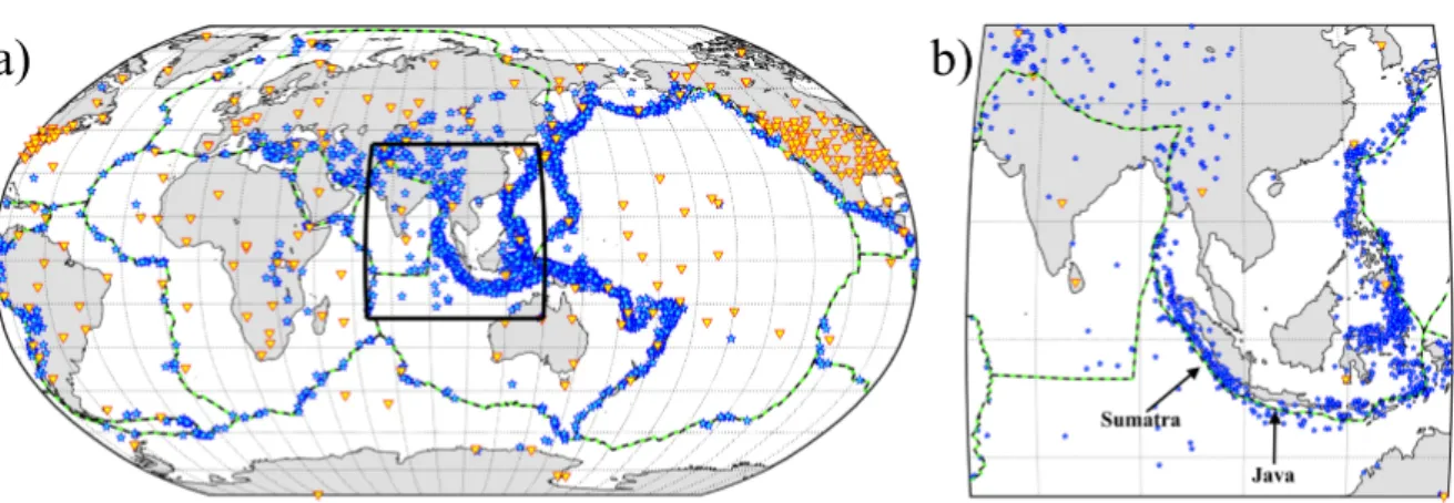 Figure 2. a) Globally distributed earthquakes (∼ 4000 stars) and receivers (∼ 250 triangles) corresponding to the set of teleseismic S-wave data used in this study