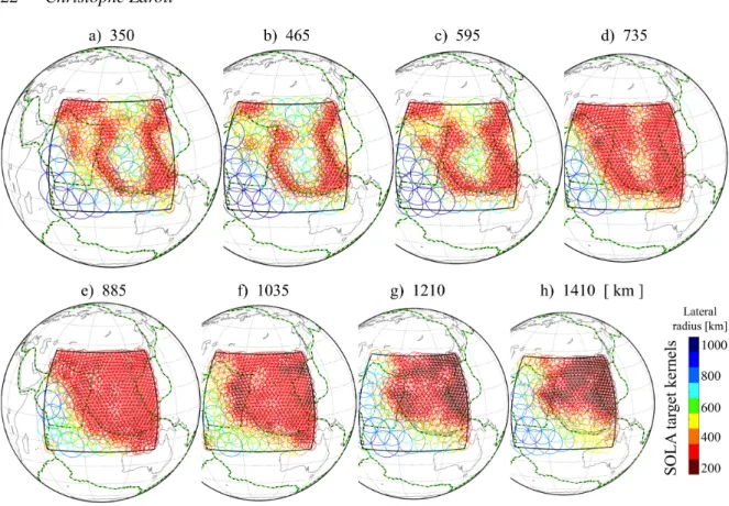 Figure 3. Drawn circles represent lateral, 2–D views of all the 4310 parameter-free SOLA target kernels span- span-ning Southeast Asia at eight different depths in the mantle (350 to 1410 km)