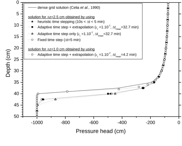 Figure 3: Unsaturated flow test case: Pressure head profiles after 12 hours of infiltration