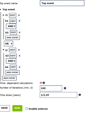 Fig. 10  View of the graphical user interface available for the input of a fault tree (data and logic structure) in  MERGER.