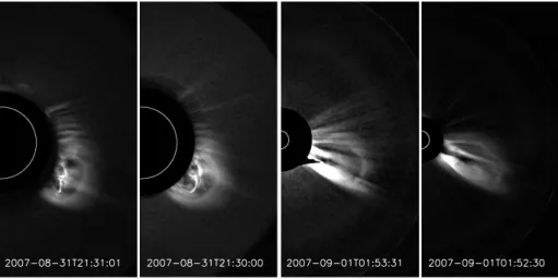 Fig. 1. The CME on 31 August–1 September 2007 observed by SECCHI-COR1 (the left two columns) and by SECCHI-COR2 (the right two columns) coronagraphs