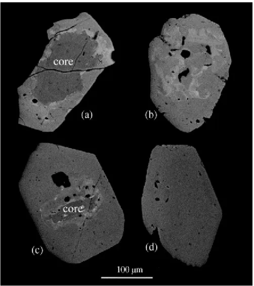 Fig. 4. Back-scattered electron (BSE) images of selected monazites from the Puylaurent  migmatite: (a) sample BE3, Grain 12; (b) monazite with patchy zoning and inclusions from  sample BE3, Grain 13; (c) and (d) sample BE13, Grain 3 and 10, respectively