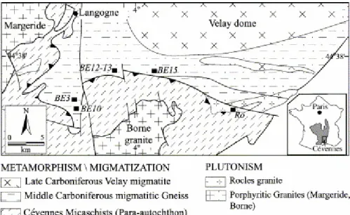 Fig. 1. Structural map of the North Cévennes area with the location of investigated samples  (dark squares)