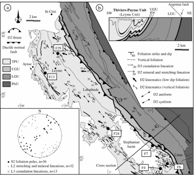 Fig. 2. (a) Structural and kinematic map of the Thiviers-Payzac Unit (TPU) and underlying  units (Upper Gneiss Unit: UGU — Lower Gneiss Unit: LGU — Para-autochthonous Unit: 