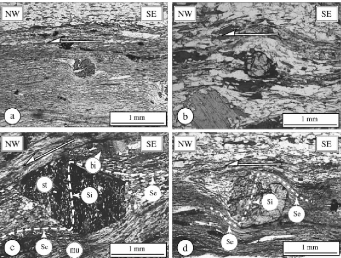 Fig. 3. Optical photomicrographs showing deformation in the Leyme micaschists belonging to  the TPU